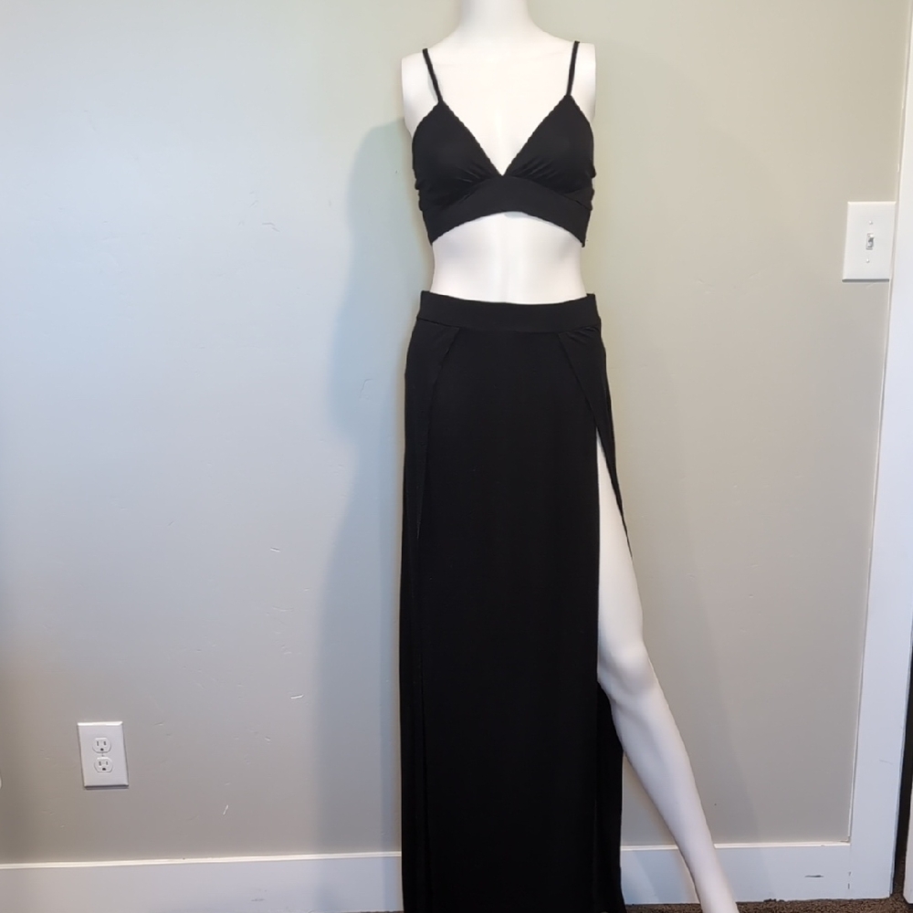 SHEIN Black Cropped Bralet Top And Maxi Skirt Matching Set Size Medium